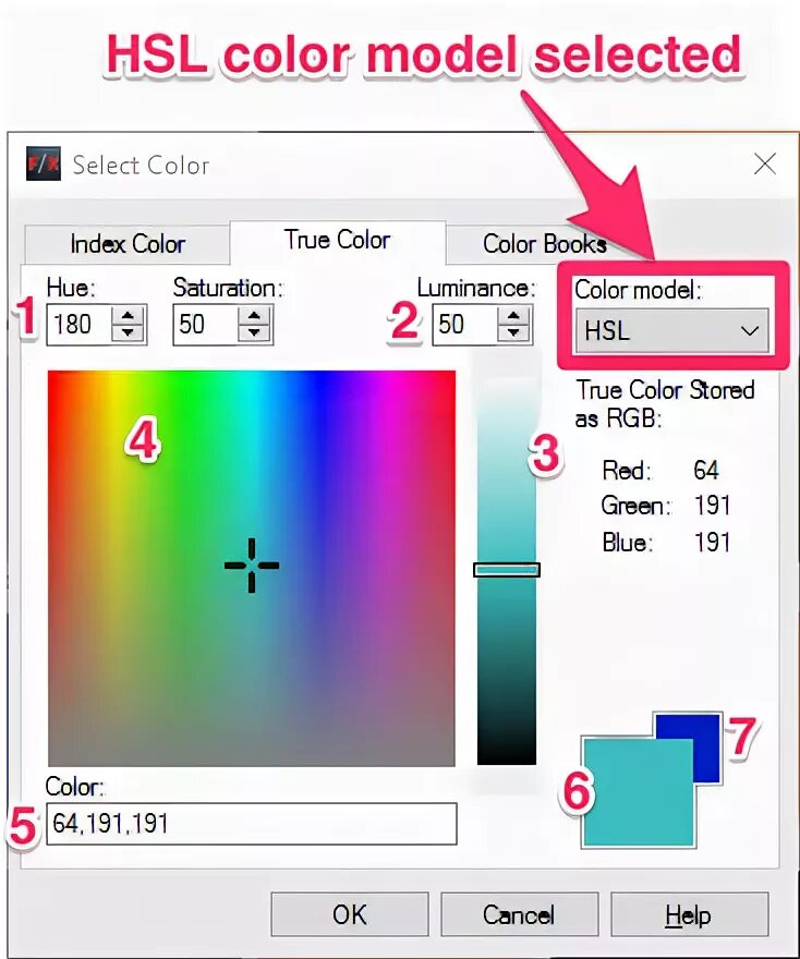 HSL настройка. True Color) High Color; индексный.. HSL Color. HSL стили.