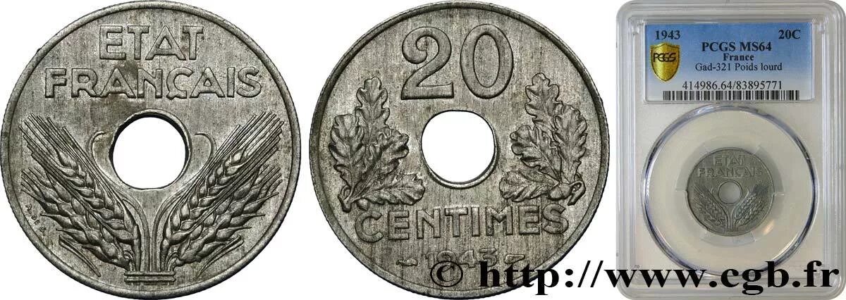 МС 64 монета. 20 French. French 20