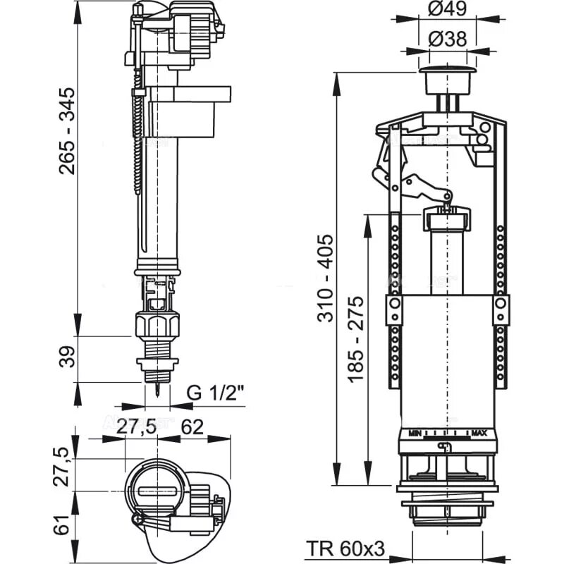 Арматура для бачка AlcaPlast SA08AS 1/2" с нижним подводом - купить недорого в и