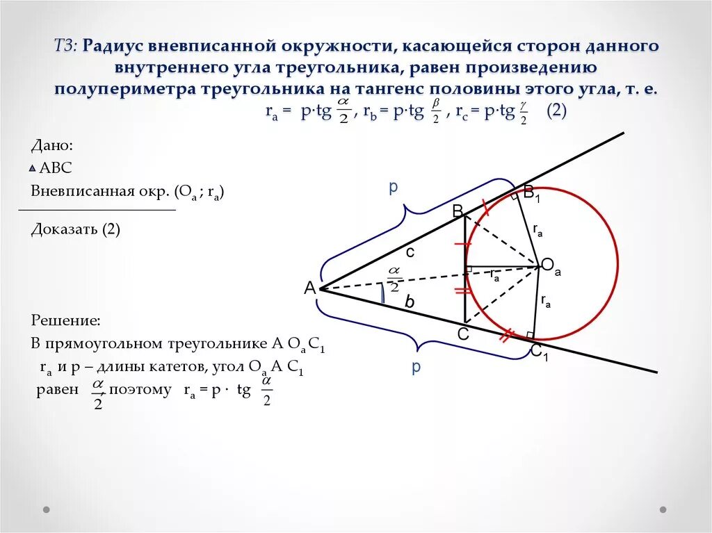 Радиус вневписанной окружности треугольника. Радиус вневписанной окружности формула. Радиус вневписанной окр. Площадь треугольника вневписанной окружности. Свойства вневписанной окружности