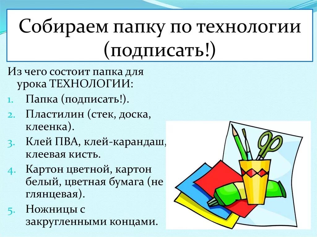 Технология первый урок. Папка по технологии. Содержимое для папки технологии 1 класс. Папка для урока изобразительного искусства. Список по папке технологии.