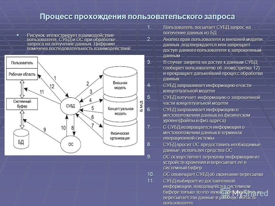 Пользователи банков данных. Схема прохождения запроса к БД. Система управления базой данных (СУБД). Процесс прохождения пользовательского запроса. Взаимодействие базы данных с СУБД.