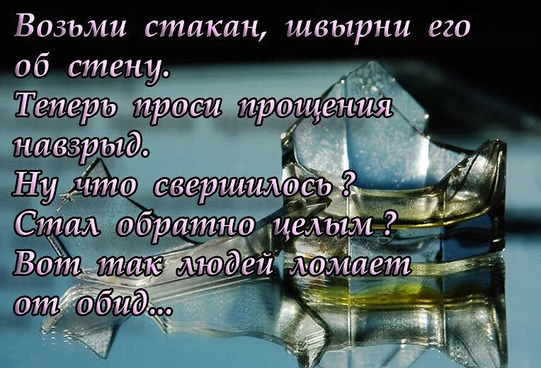 Прощенья теперь проси. Возьми стакан. Возьми стакан разбей его об стену теперь проси прощения. Возьми стакан швырни его. Возьми бокал швырни его об стену.