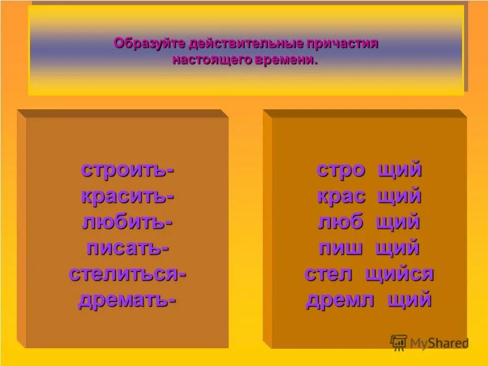 стлаться образовать действительное причастие настоящего времени. слова действительного причастия настоящего времени. причастие от глагола стлаться. стел. слышать действительное причастие настоящего времени.