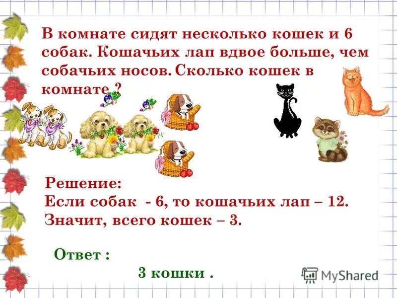 В комнате сидят 3 кошки. Ответ на задачу сколько кошек и собак. Задача. Сколько лет попугаю, собаке и коту решение. Задача. Сколько лет попугаю, собаке и коту. В зале сидело несколько мужчин