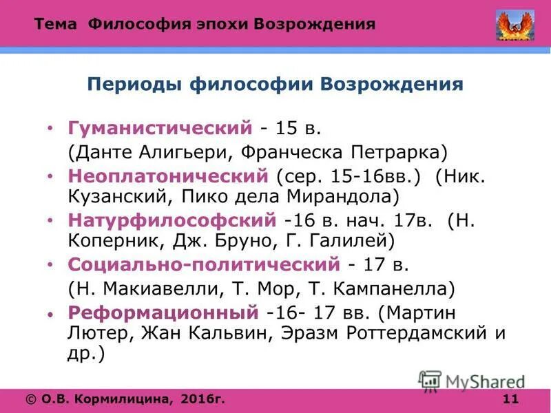 Темы философии эпохи возрождения. Философия эпохи Возрождения. Периоды философии Возрождения.