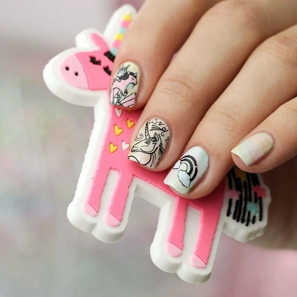 Детский маникюр с единорожками. Ногти 11. Подростковый маникюр. Ногти 11. Красивые ногти для детей.