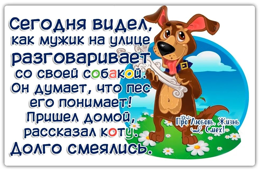 Сейчас придем домой. Долго смеялись с котом. Сегодня видел как мужик разговаривал со своей собакой. Пришел домой рассказал коту долго смеялись. Говорил с собакой рассказал коту.