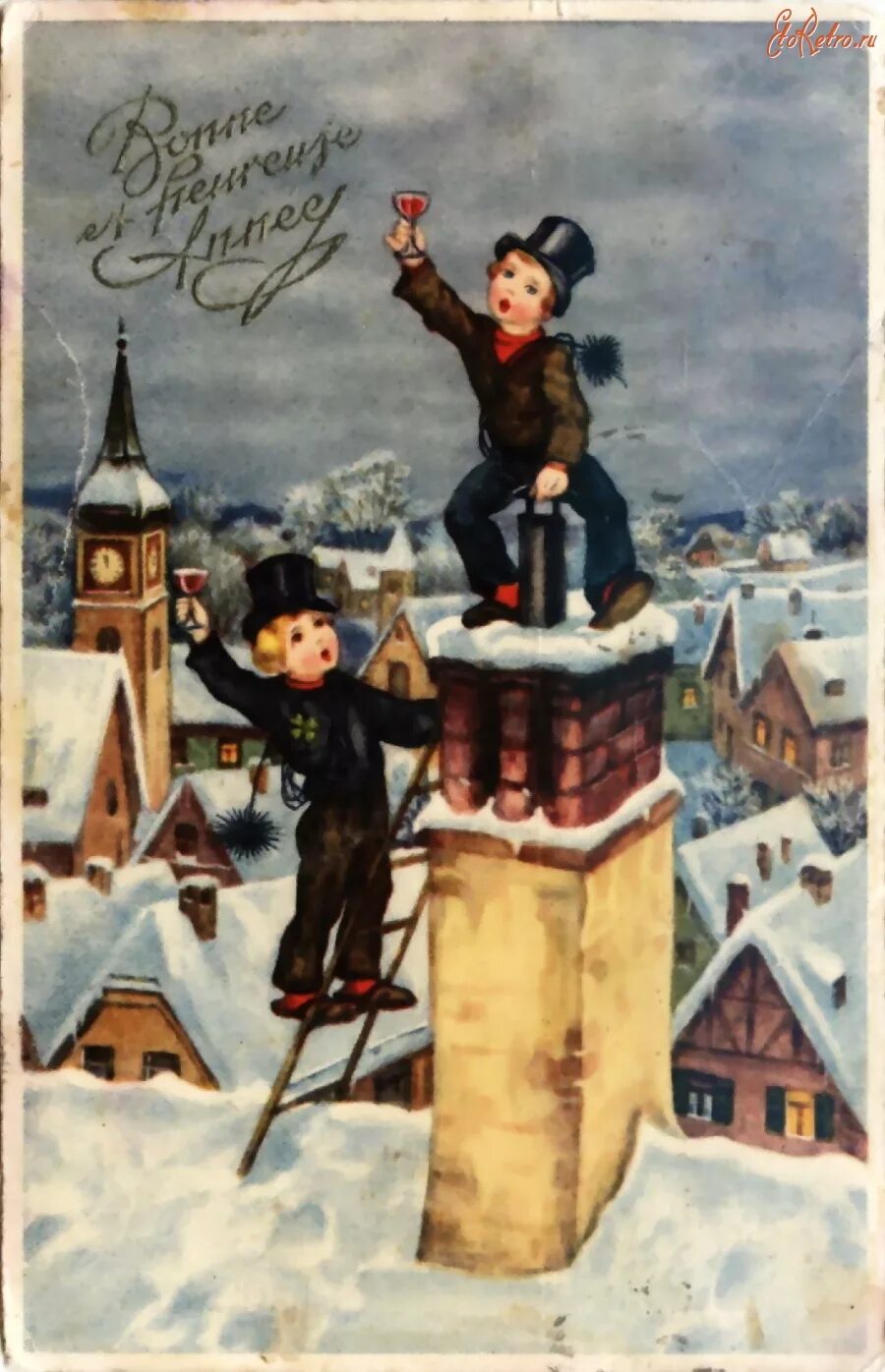 Новый год 1939. Старинные открытки. Старинные новогодние открытки ретро. Старые открытки с новым годом. Ретро французская открытка с новым годом.