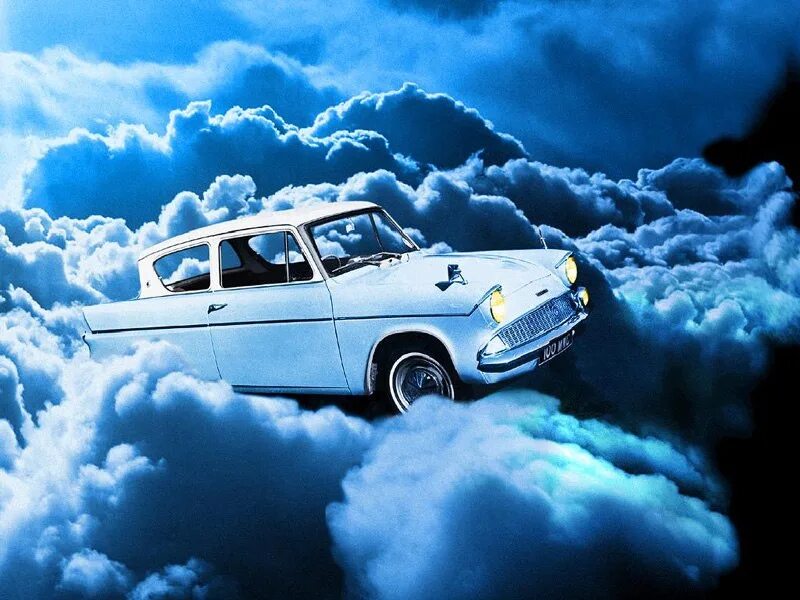 Песня машина летит. Летающий Форд Англия. Машина в облаках.