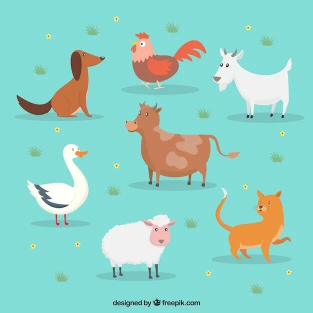 Animals designed. Домашние животные. Животные на ферме. Стоковые иллюстрации животных. Flat животные.