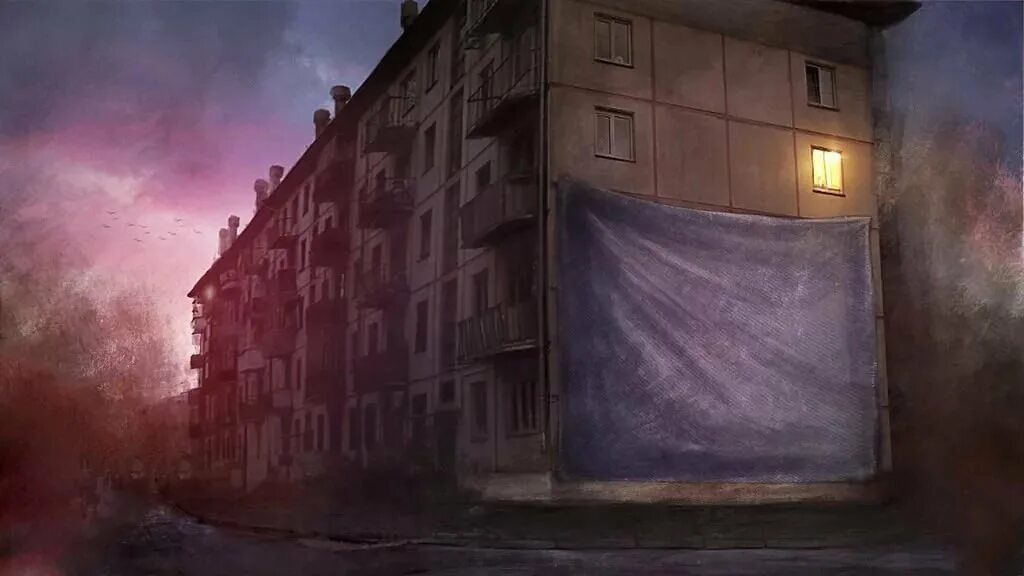 Многоэтажки вечером. Панельки арт. Пятиэтажка арт. Красивые арты панельки. Картина панельные дома.