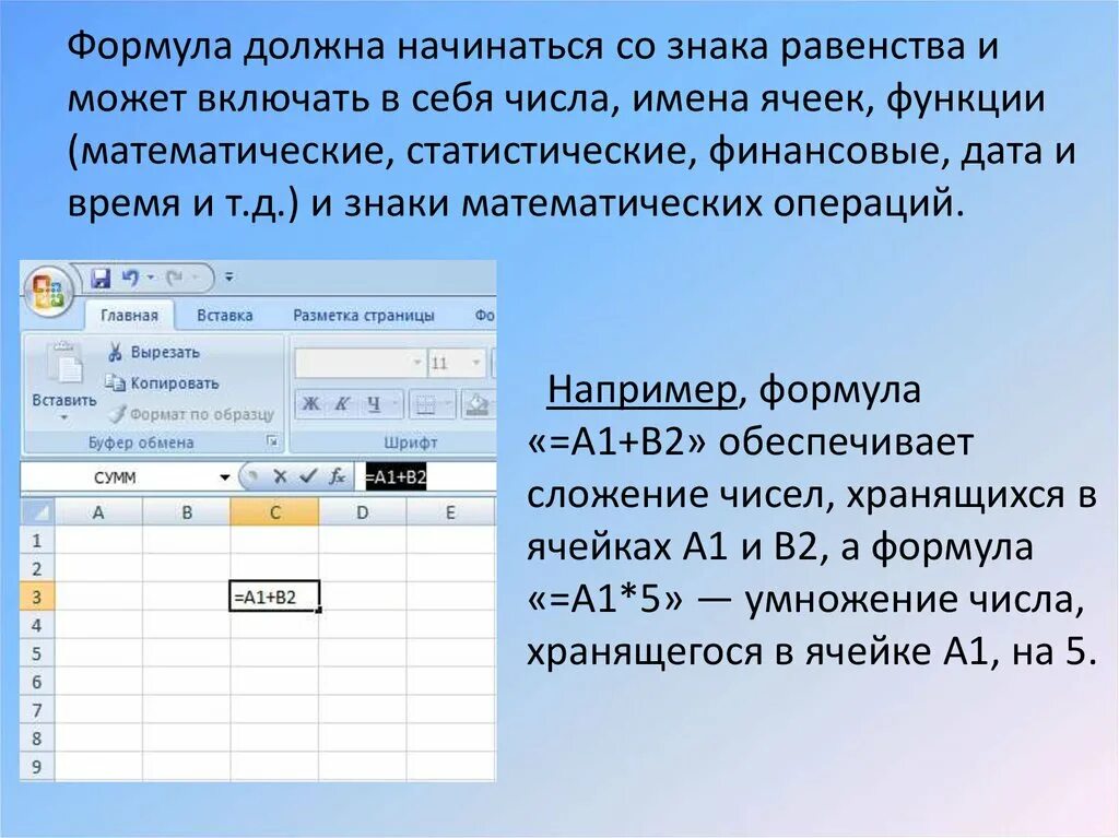 Формула должна начинаться. Формула в электронных таблицах начинается со знака. Имя ячейки. Функции ячейка. Содержимым ячейки не может быть