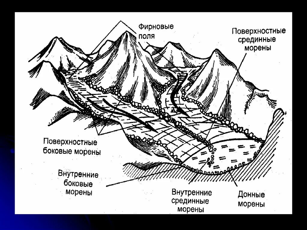 Морен почему. Части горного ледника схема. строение горного ледника схема. ледниковые отложения морена схема. морена ледниковая форма рельефа.