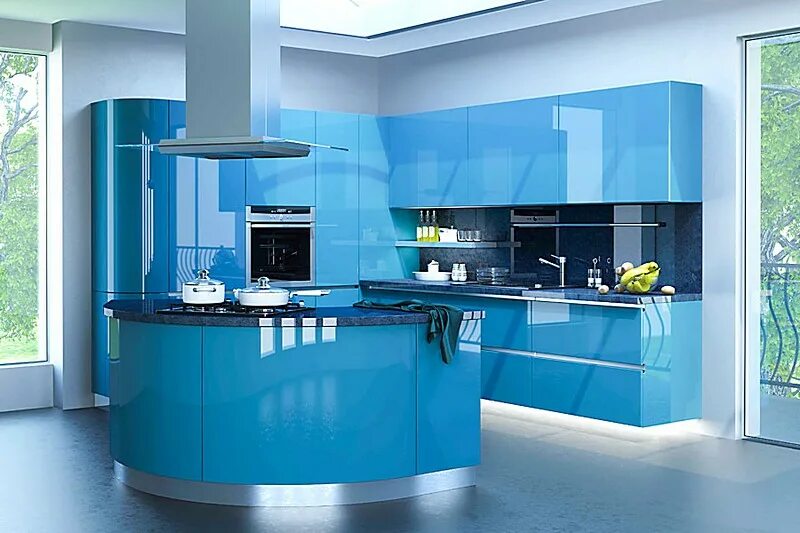 Купить кухню эмаль. Кухня Аквамарин МДФ эмаль. Бирюзовая кухня хайтек. Синие кухни. Кухня в синем цвете.