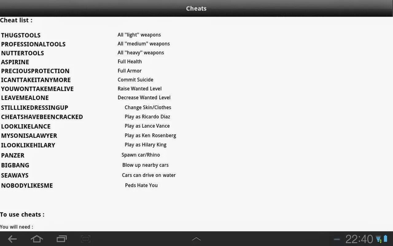 Some cheats