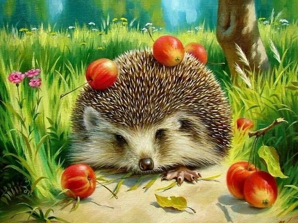 Ежик собирал яблоки. Картина ежи меньшиковой. п меньшикова картина ежи. ежик с яблоком. ежик живопись.