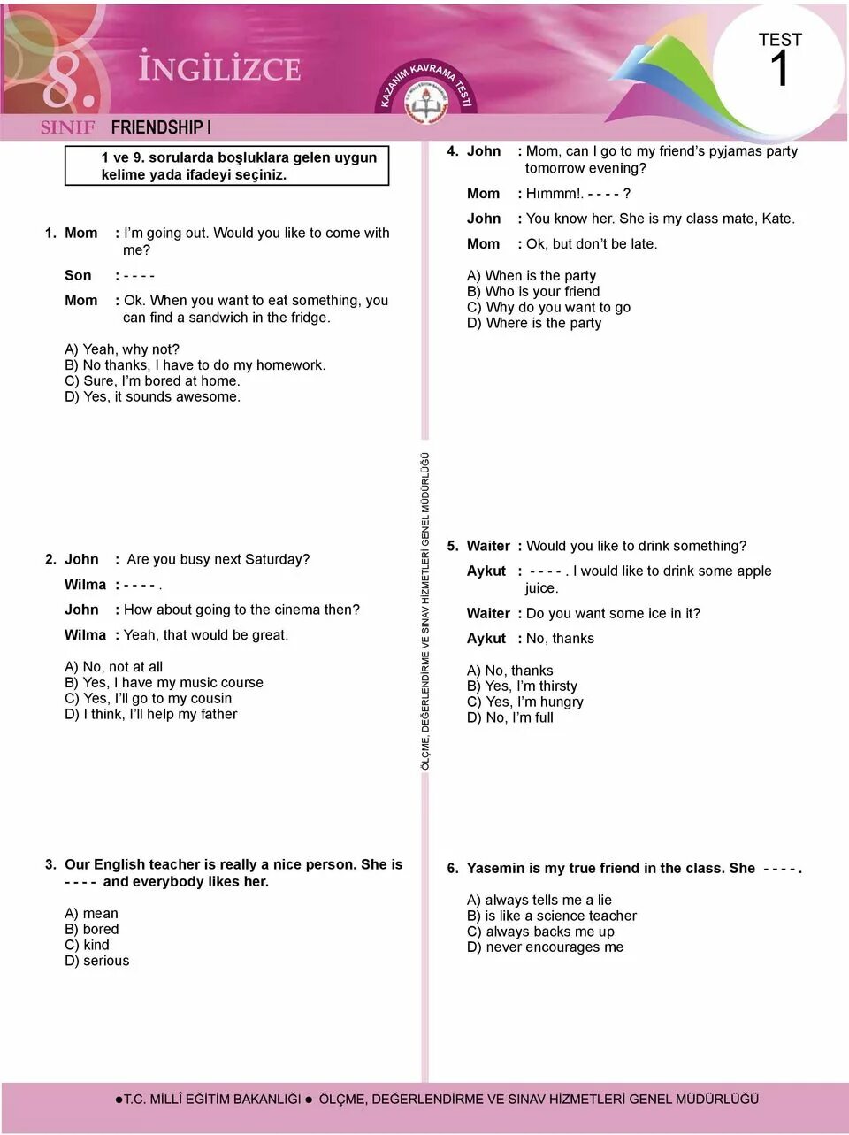 Test 1 pdf. Ingilizce 5. Тест пдф. English Test 5-sinif. Friendship Test.