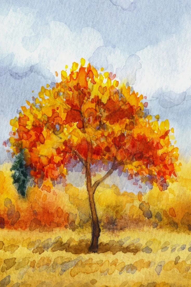 Осень картинки пошагово. Рисование осеннего пейзажа. Осеннее дерево акварелью. Осенний пейзаж акварелью. Осенний пейзаж акварелью для детей.