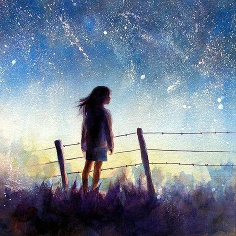 Рисунок мечтая о звездах. Одиночество акварель. Девочка и звезды. Девочка и звездное небо. Девушка звезда.