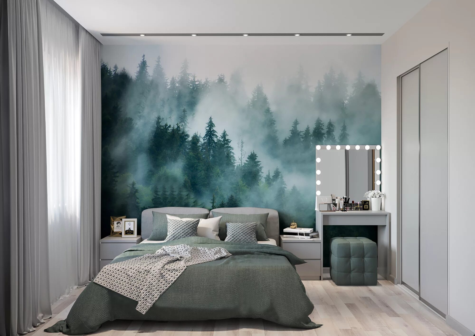Фреска туманный лес Affresco. Фотообои в интерьере спальни. Спальня с лесом. Фотообои в спальню над кроватью. Обои на стену лес