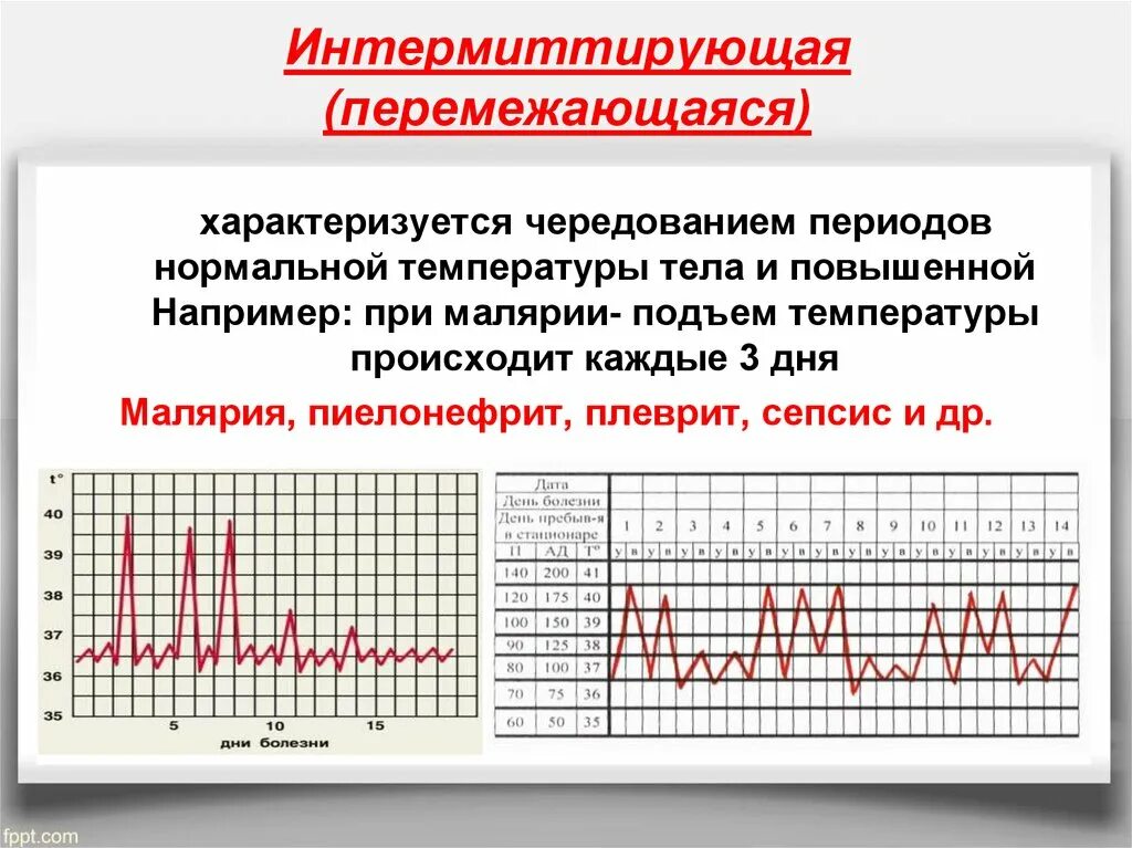 Заболевания с подъемом температуры. Температурная кривая при перемежающей лихорадке. Температурный лист при интермитирующей лихорадке. Интермиттирующая лихорадка при малярии. Перемежающаяся лихорадка на температурном листе.