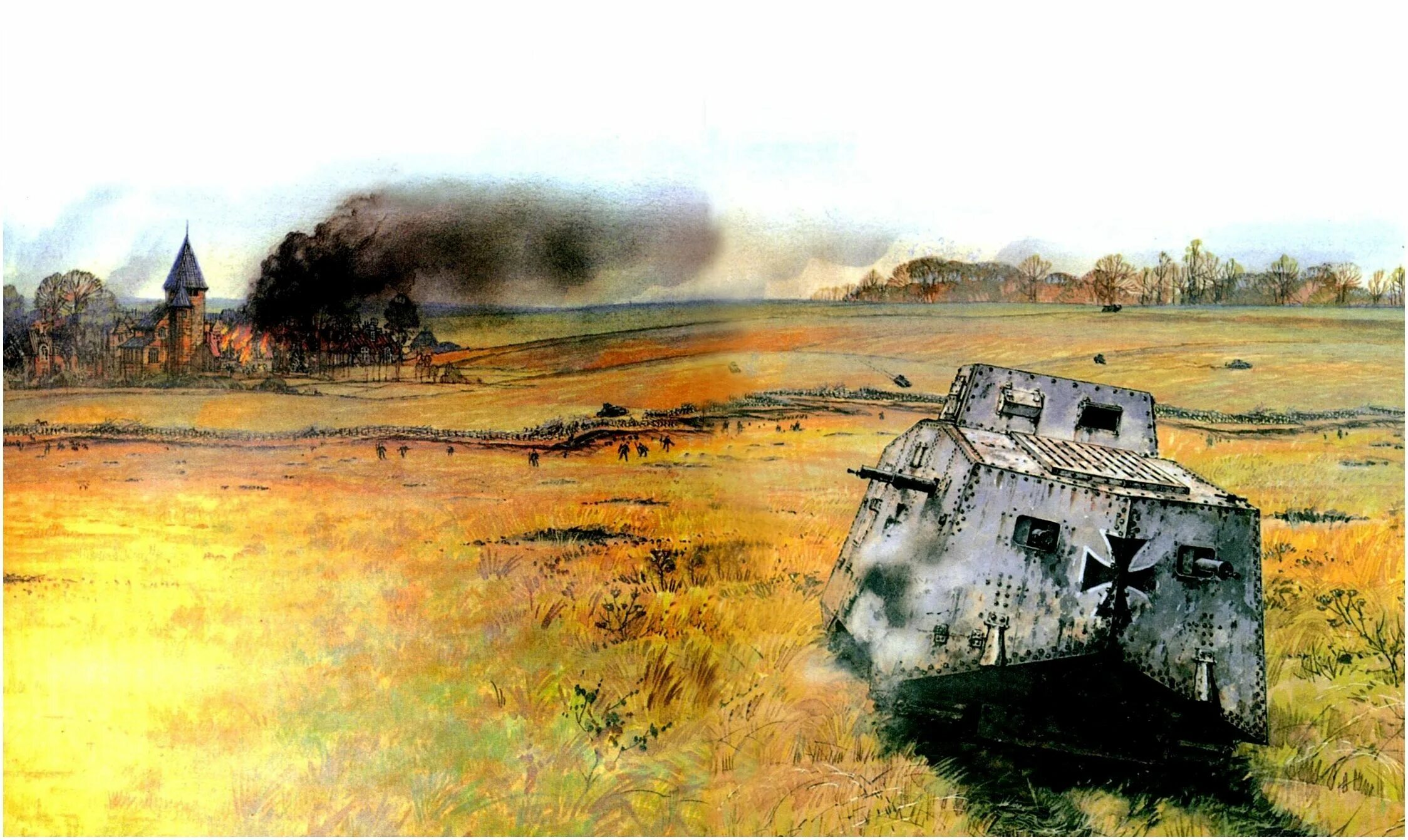 Первая битва танков. Виллер-бретоннё танковое сражение. Танковый бой первой мировой войны. ПМВ танки живопись. Танк первой мировой арт.