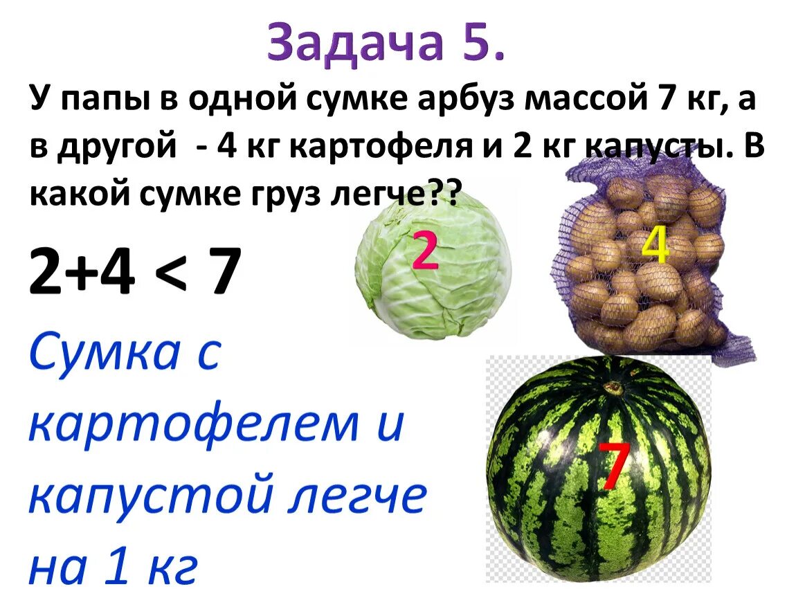 В сумке 5 килограмм овощей. У папы в одной сумке Арбуз 7кг а в другой 4 кг картофеля и 2 капусты. У папы в 1 сумке Арбуз массой 7 килограмм. У папы в одной сумке Арбуз массой 7 кг а в другой 4 кг картофеля. Задача у папы в одной сумке Арбуз массой 7 кг.