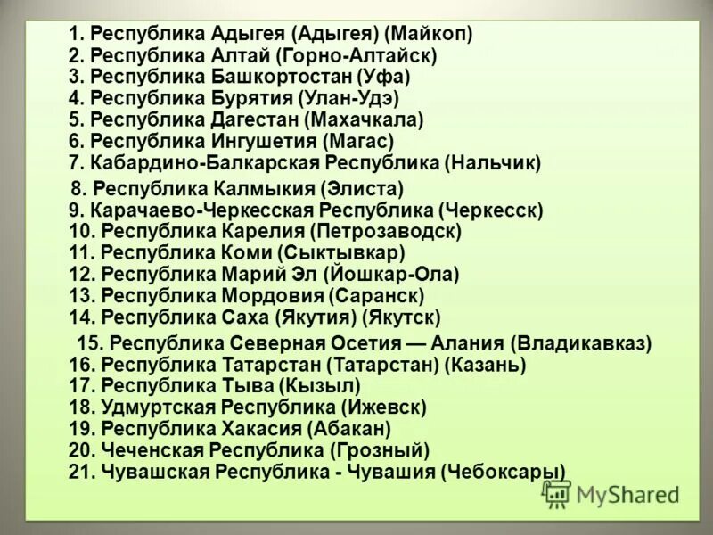 Перечисли 24 республики россии