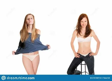 Two Closeup Portraits of Beautiful Young Women Undressing Themselves Stock Photo