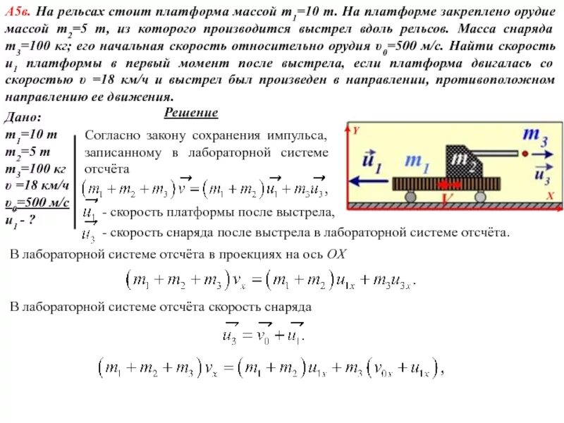 Трактор перемещает платформу со скоростью 7.2. На рельсах стоит платформа. Начальная скорость снаряда. Снаряд вылетает. Масса к платформы.