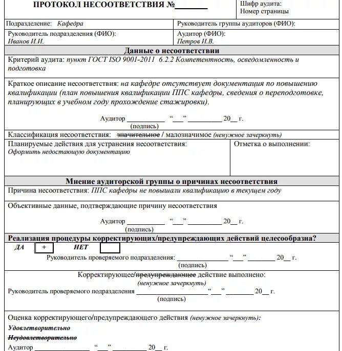 Протокол о несоответствии при проведении внутреннего аудита. Протокол регистрации несоответствия внутреннего аудита СМК. Протокол несоответствия внутреннего аудита СМК пример. Протокол несоответствия по 44 ФЗ. Внутренний аудит несоответствия