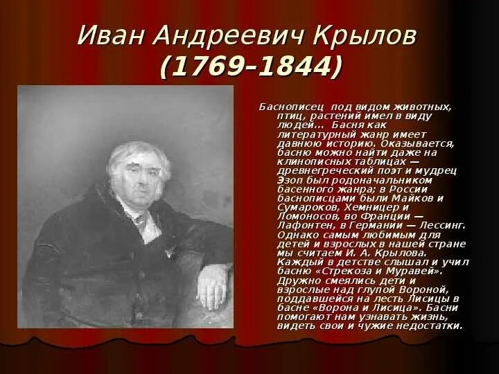 Назовите имя русского баснописца ломоносов жуковский. Рассказ о Иване Андреевиче Крылова.