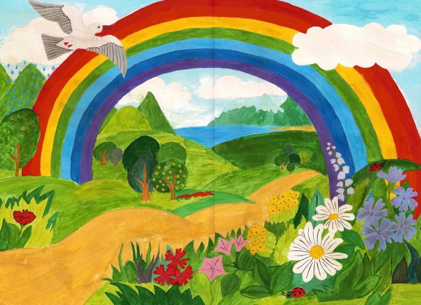 Радуга рисунок. Летний рисунок для детей. Пейзаж с радугой. Рисунок на тему природа.