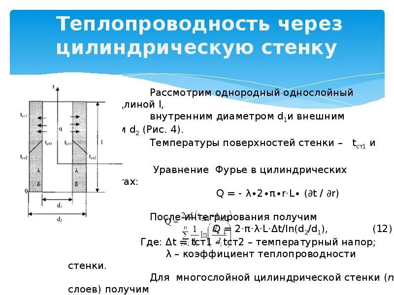 Стационарная теплопроводность. Теплопроводность через однослойную цилиндрическую стенку. Теплопроводность многослойной цилиндрической стенки. Теплопроводность плоской и цилиндрической стенок. Теплопередача через цилиндрическую стенку формула.