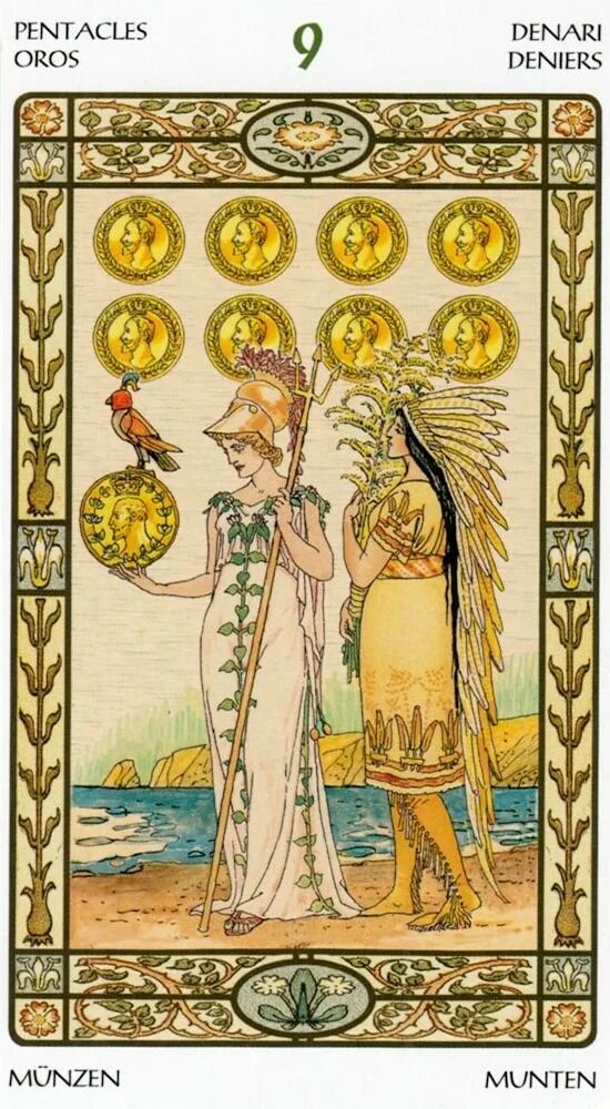 IX пентаклей Таро. Девять пентаклей Таро. Harmonious Tarot галерея. Таро Гармония 9 жезлов. Сколько пентаклей