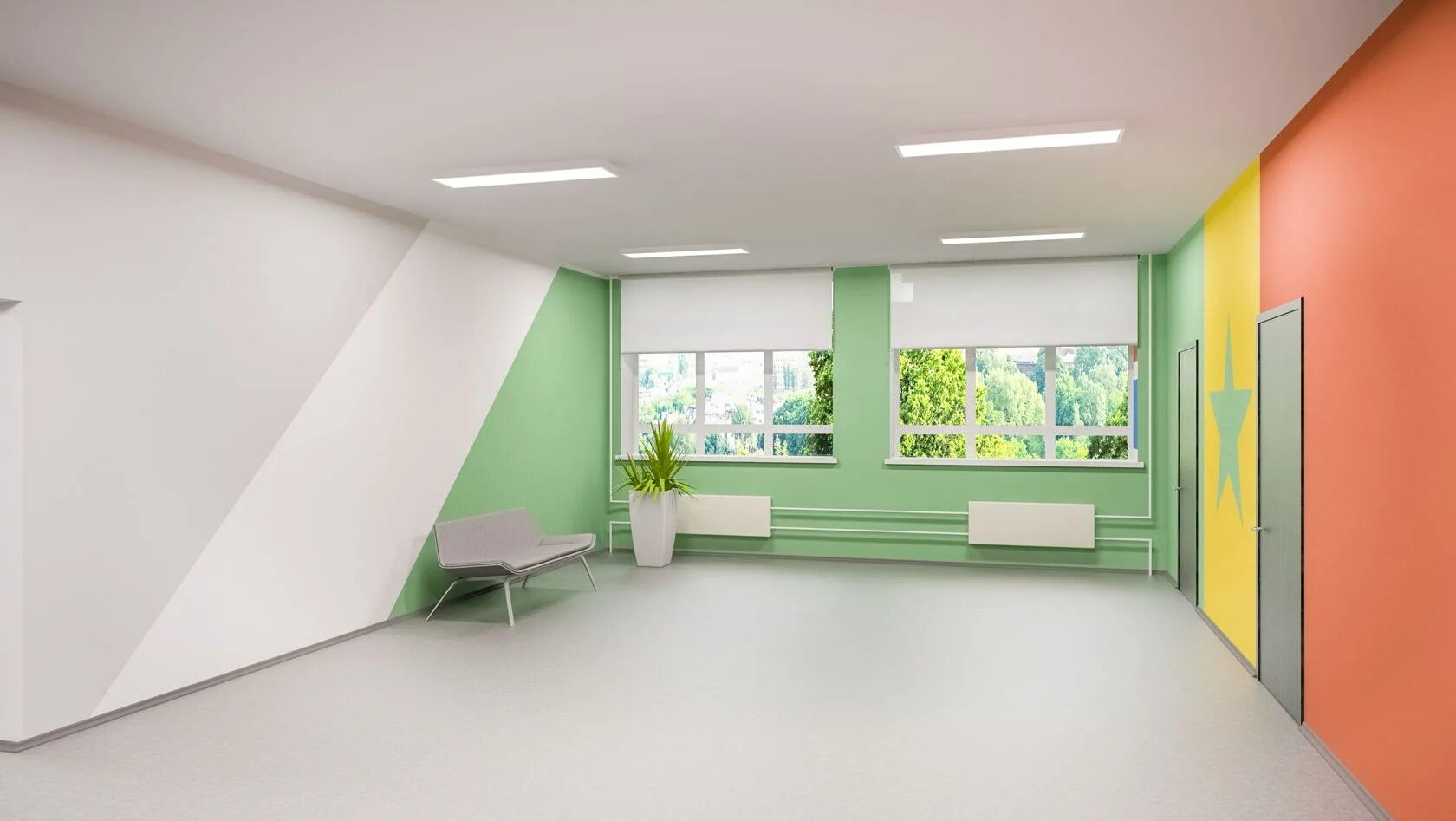 Интерьер учебного класса. Украшение рекреации в школе. Цвет стен в школе. Цвет стен в детском саду. Цветные стены в школе.