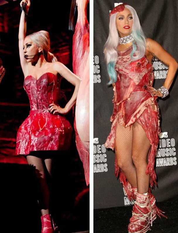 Надень платье зачем. Леди Гага платье из мяса. Леди Гага в платье из сырого мяса. Леди Гага в костюме мяса. Мясной костюм леди Гаги.