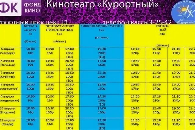 Расписание кинотеатра курортный