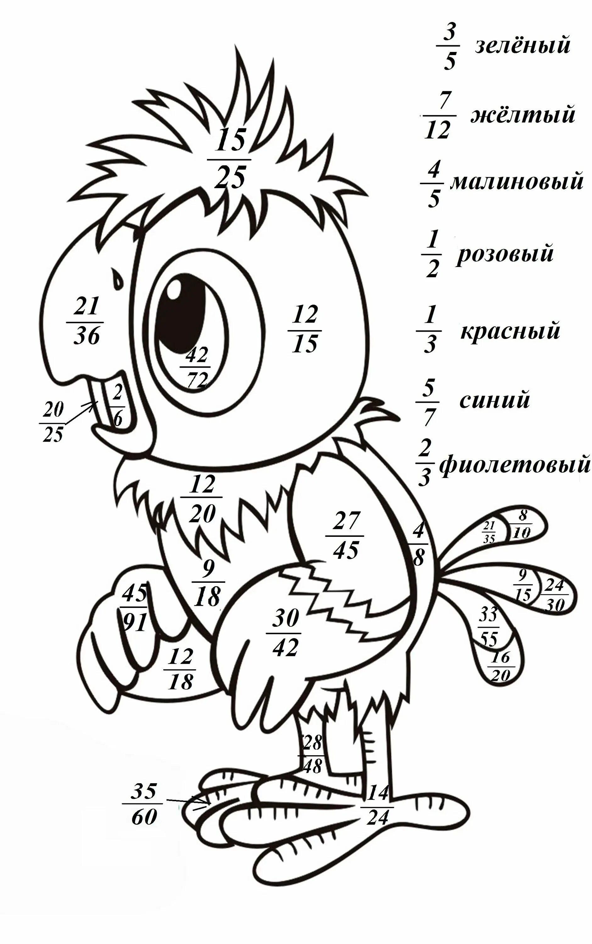 Математическая раскраска. Математические рисунки. Раскрасскипапугайц Кеша. Математические раскраски дроби