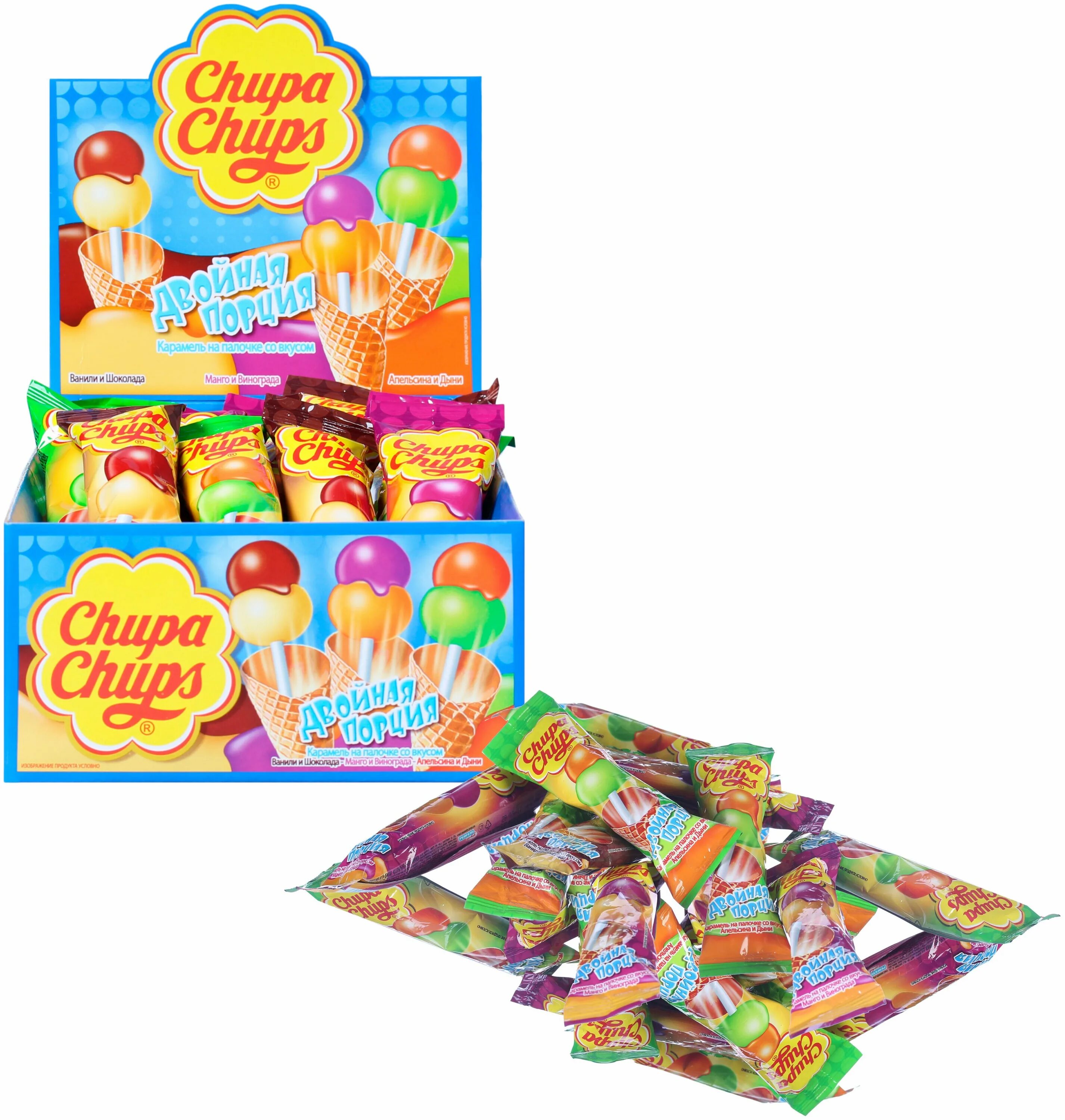 8г 24шт (1/12бл. 8г 24шт (1/12бл. двойной чупа. Chupa chups карамель "двойная порция". чупа чупсы тройная порцич.