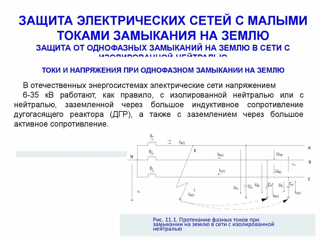 Емкостные токи в сетях с изолированной нейтралью. Сети с малыми токами замыкания на землю. Принцип работы защиты от замыкания на землю. Напряжения при замыкании на землю.