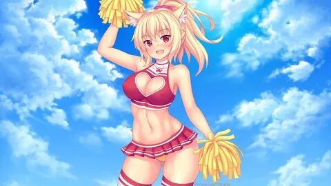 animal_ears blonde_hair blush breasts catgirl cheerleader cleavage erect_ni...