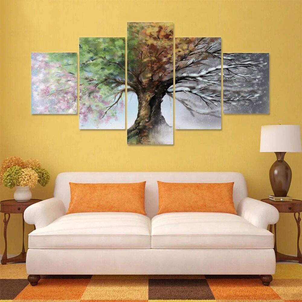 Какие картины популярные. 4сезона дерево триптих. Интересные картины для интерьера. Яркие картины для интерьера. Картина стена.