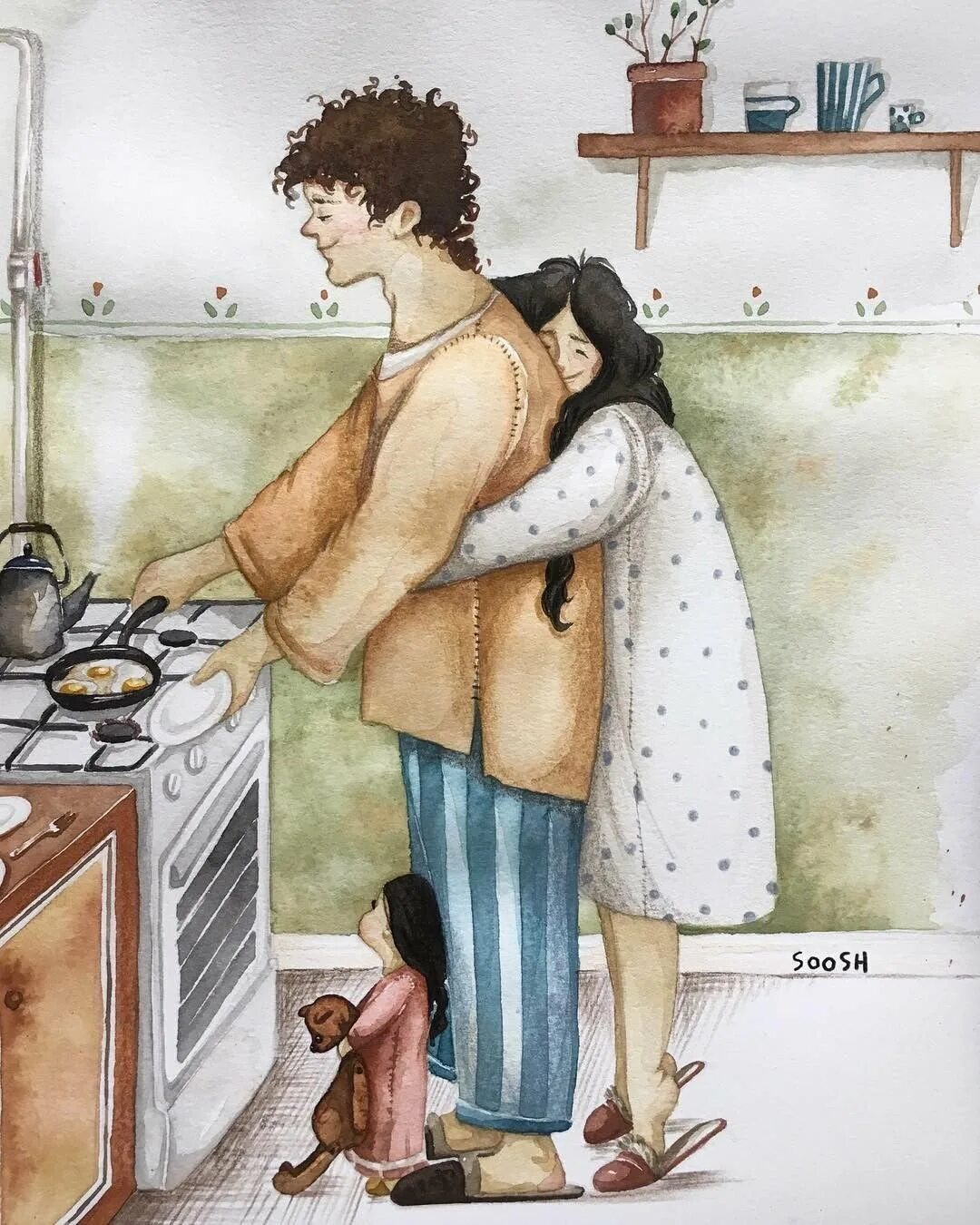 Ждем мужей вместе. Художница Soosh. Soosh иллюстрации о семье. Трогательные иллюстрации. Уютные иллюстрации.