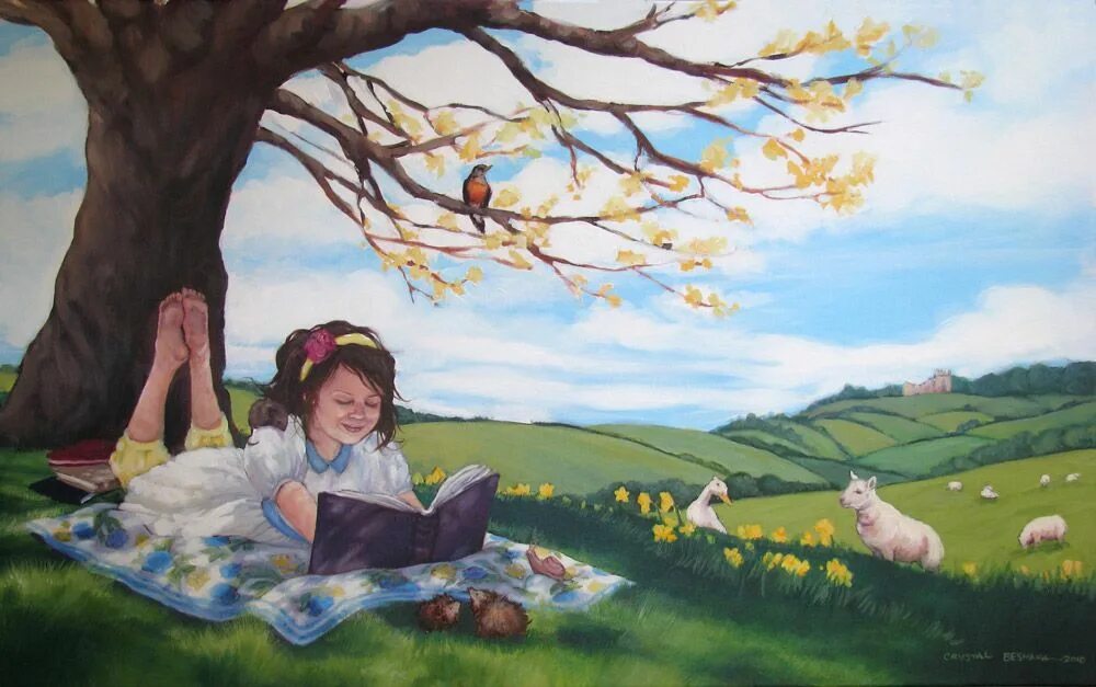 Читаем бай. Картина для детей "девочка читает книгу". Лето и книги живопись. Картина девочка с книжками на улице. Дети книги лето иллюстрации художников.