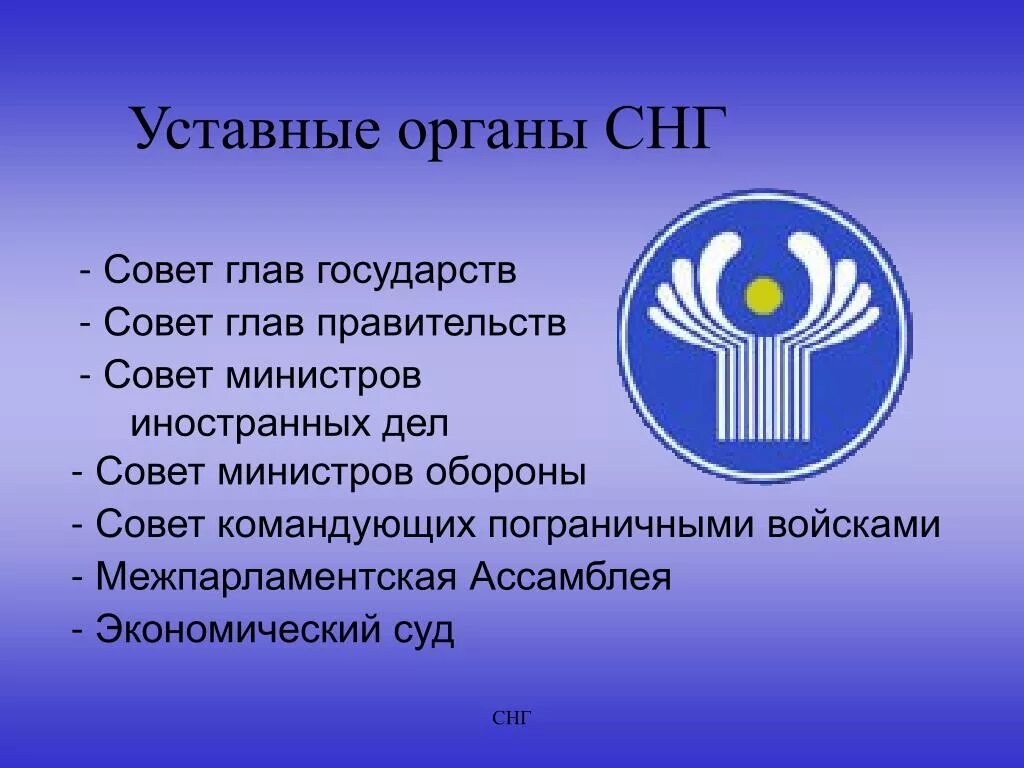 Содружество независимых государств. Органы управления СНГ. Структура органов СНГ. Символы стран СНГ.