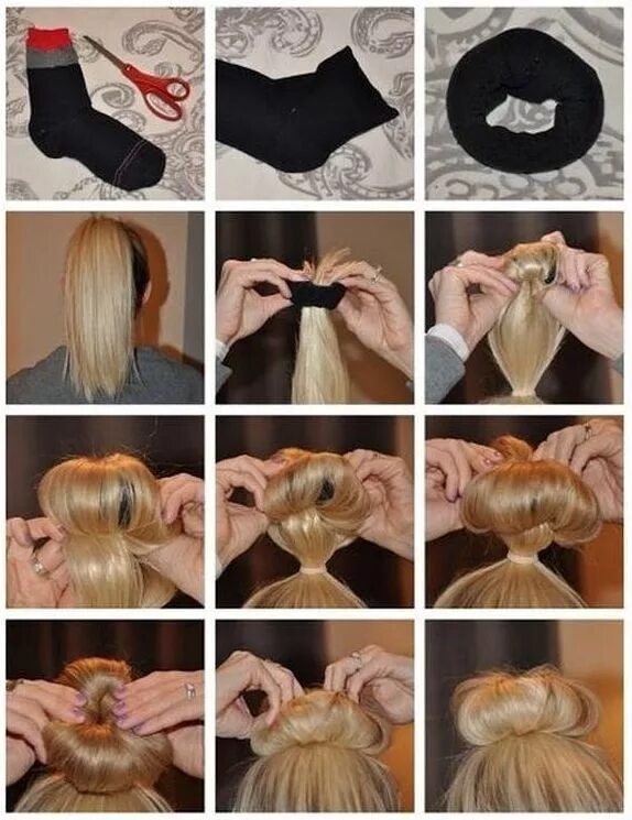 Помощью носка. Прическа с бубликом пошагово. Пучок на средние волосы с бубликом. Помощью носка. Помощью носка.