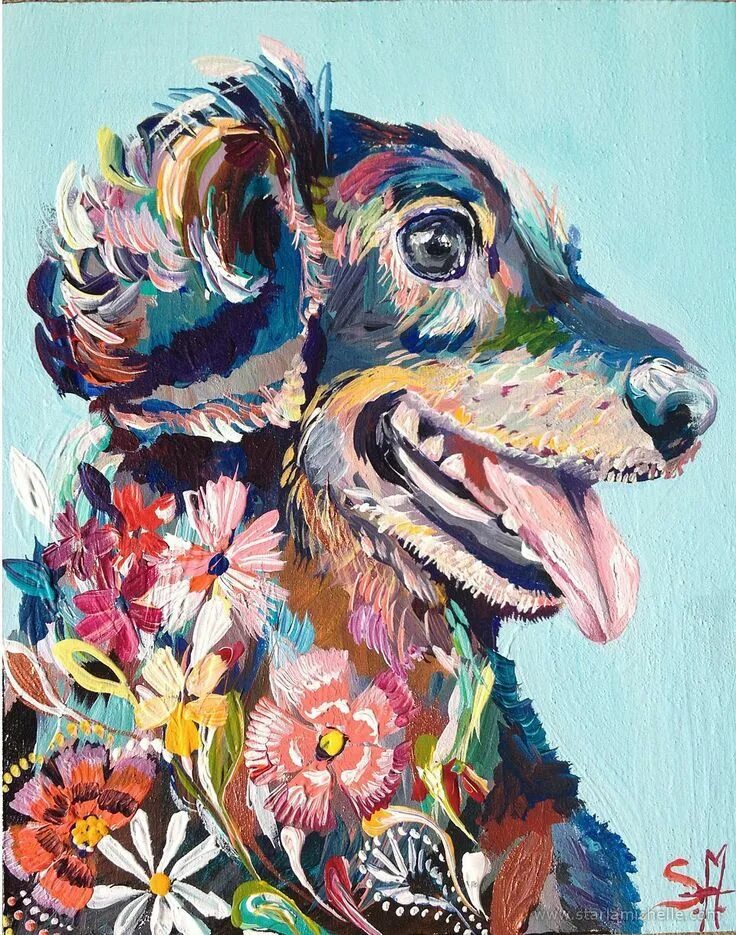 Painted dogs. Starla Michelle. Живопись, разноцветная собака. Собаки в современной живописи. Собака в декоративном стиле.