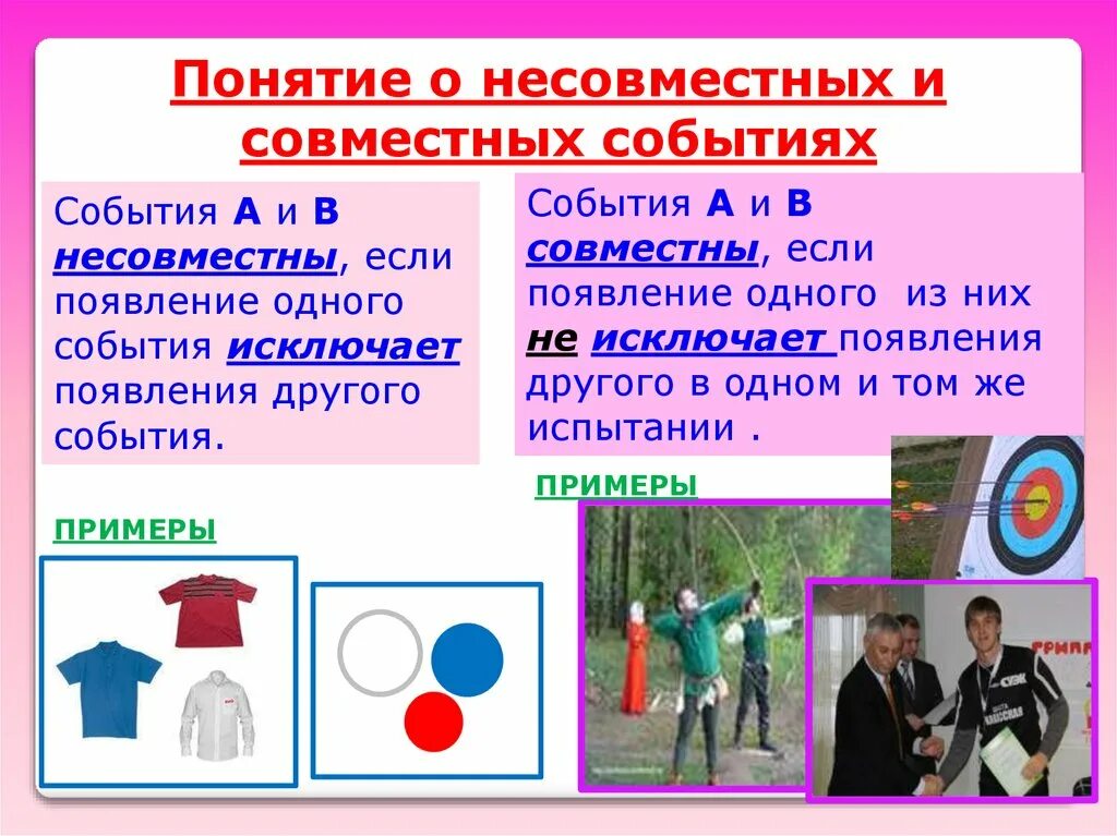 Выберите примеры несовместных событий Несовместные события объединение и пересечение событий